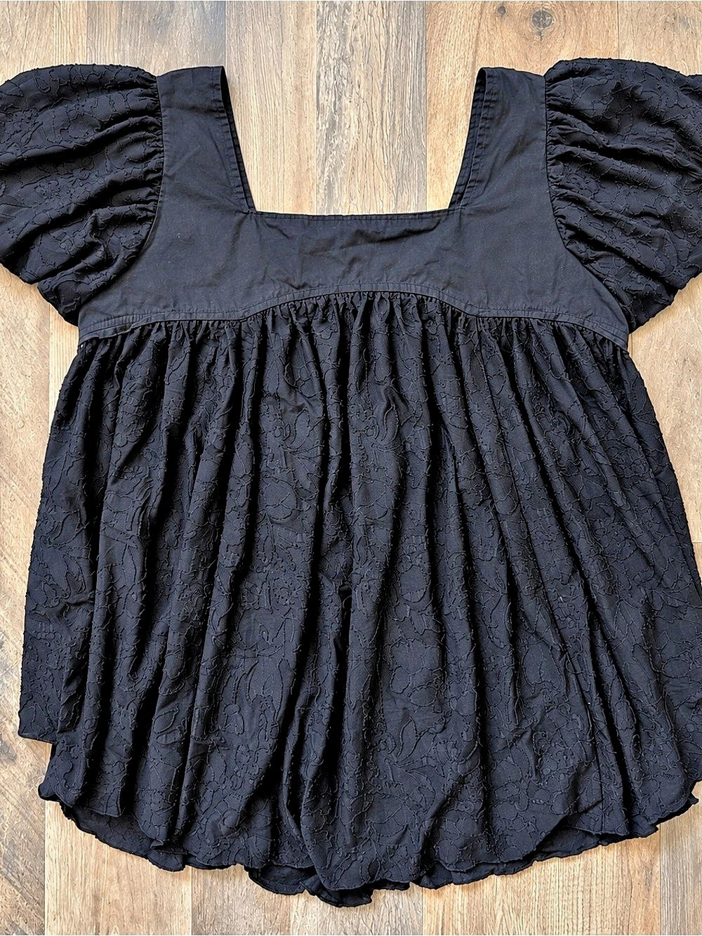 Free People Sunrise to Sunset Black Embroidered Babydoll Top Square Neck Puff Sl
